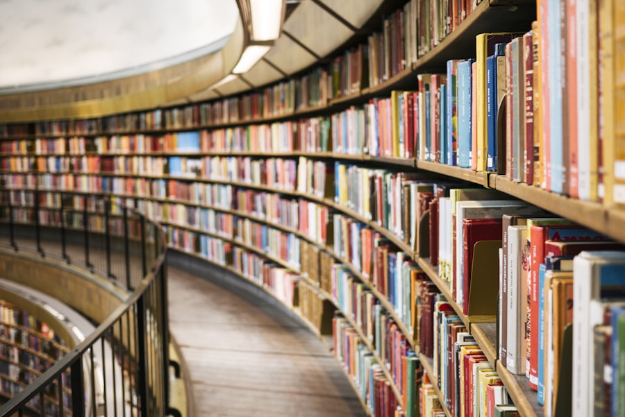 Rows of archived books on library shelves